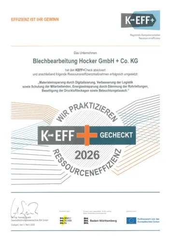 KEFF+Check-Zertifikat 2026 für Blechbearbeitung Hocker GmbH + Co. KG zur Umsetzung von Maßnahmen für Ressourceneffizienz